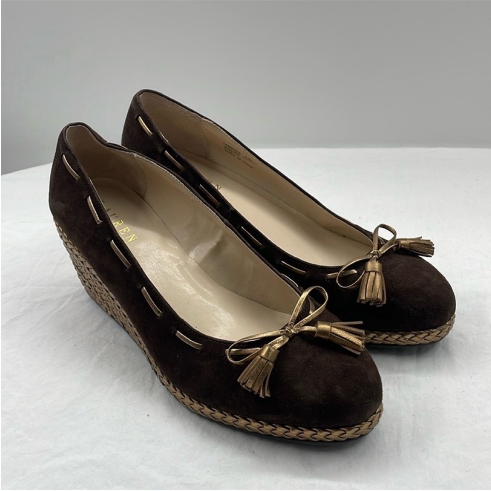 NEW! Lauren Ralph Lauren Cambree Suede Metallic Taupe Wedges. 9.5B.
